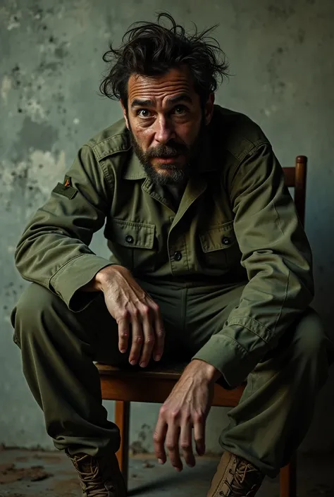 Israeli man,Age 30 years,slightly charred Israeli army uniform,Very sweaty face with a frightened expression,Tangled messy hair,Sitting pose on a wooden chair,Front view, zoom camera,The background of a concrete wall in a secret underground Military base,V...