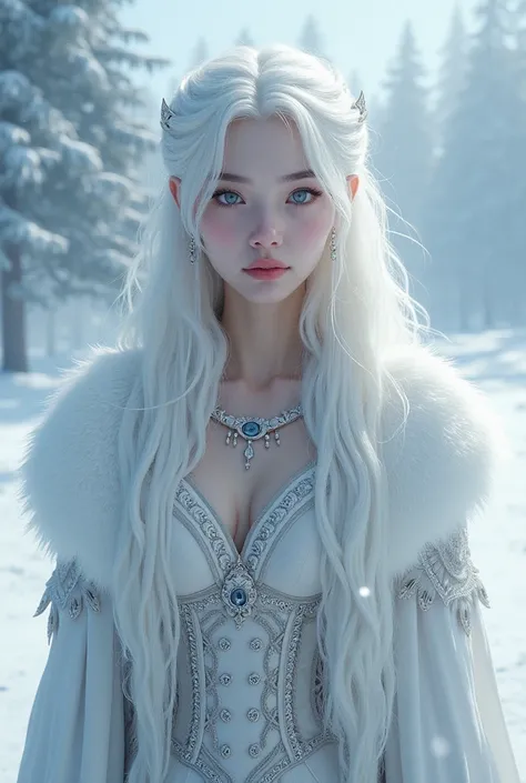 Photorealistic, high resolution, 1 Women, Solo, (****ta costume)，Gorgeous costumes，Face the audience，The upper part of the body，upper legs， beautidful eyes, White hair, ringed eyes, (outside，Heavy snowfall，Cloak，Cover with snow)，snowfield，Blue eyes，Illustr...