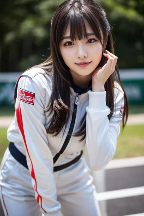  A Japanese woman who loves idols   ,  long hair ,  straight hair, Round face ,  bust up , (masterpiece: 1.3), (8k,   realistic  ,   RAW photos ,  top quality : 1.4), 18歳の美しい日本人女性の  racing driver  ,  Super Detailed Color,  Attention to Details ,   double e...