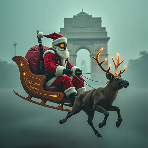 Santa Claus is reimagined as a pollution warrior navigating Delhis smoggy winter. He wears a red-and-white hazmat suit with a glowing air filtration mask, his iconic hat redesigned with a chimney-style filter puffing out clean air. His sleigh, now a sleek,...