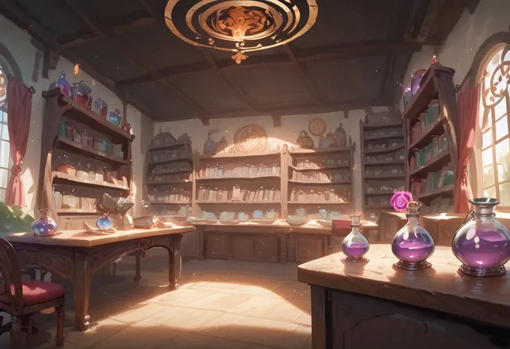 The room has many books and chairs. Fantasy Oratory, alchemist library background, magic lab setting, magic lab background, in magic potion store, fantasy magic potion dealer interior, old magic store interior, , alchemy lab, stylized concept art, magic st...