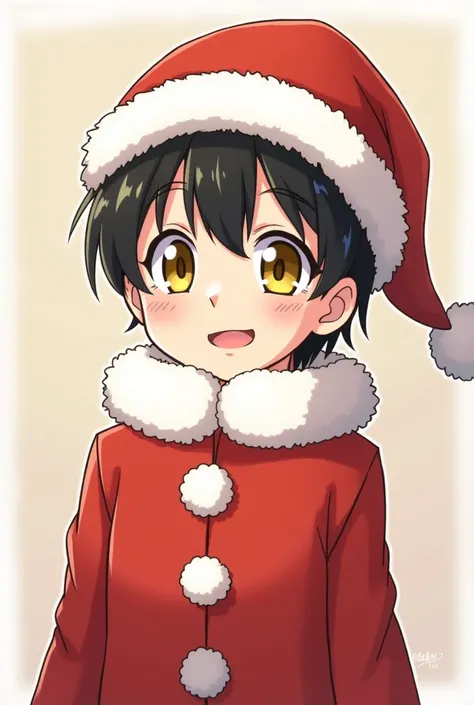  An anime boy with black short hair, yellow eyes and a Santa hat on 