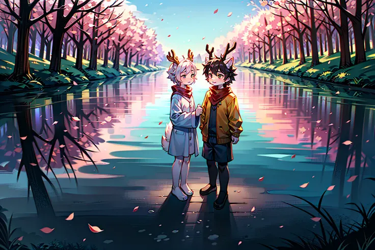 a white deer with white hair and horns wearing a white robe, a wolf with black hair and an orange shirt in the snow, falling petals, a peach blossom tree, a shack, a cute boy, two people, a lavish background, tender, wearing a scarf, sweater, in a forest, ...