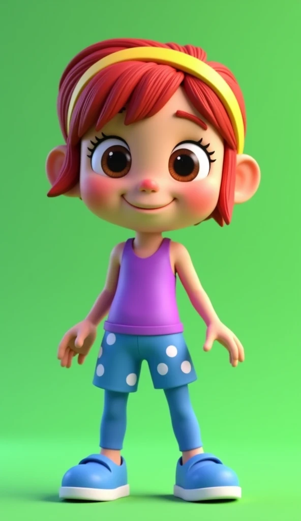 Create a 3D animated  character with a cheerful expression, short red hair, and a yellow headband. The character is wearing a purple sleeveless top with blue polka-dot shorts and matching blue leggings. The characters shoes are blue with white soles. Place...