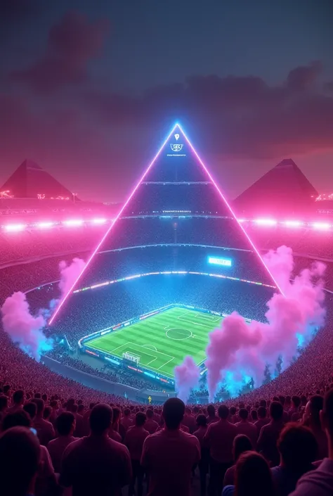 Pyramid-shaped soccer stadium with neon lights in Egypt and fans blowing smoke from beacons 