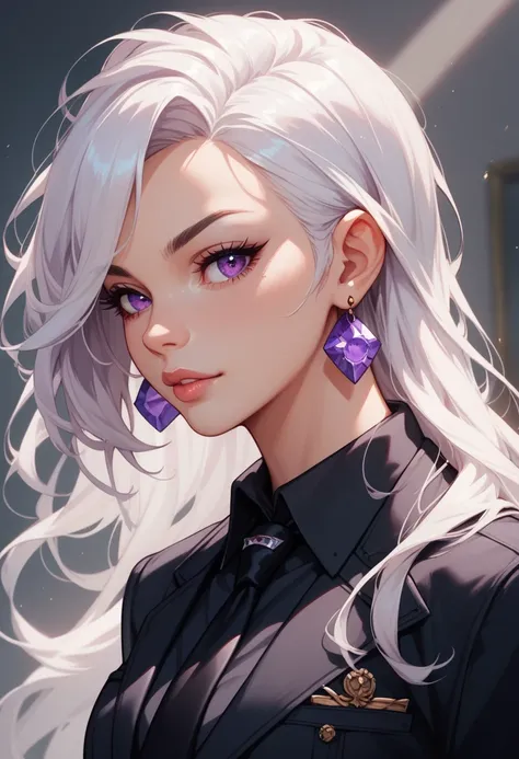 Anime 2D Girl long smooth white hair purple eyes in a shirt with black tie black earrings