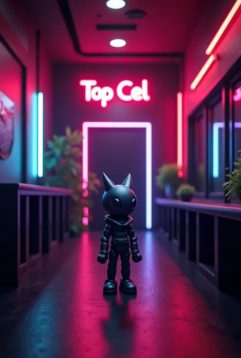 A black room with colored neons and a miniature papainoel and just above a LED sign with the name TOP CELFuturistic style