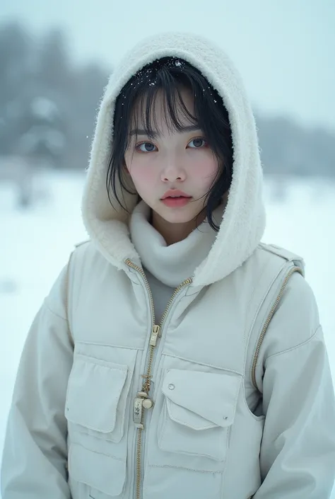 Photorealistic, high resolution, 1woman, inspired by Choi buk,Solo,Snow background, looking to the camera, (Detailed face), (((wear  white a scarf covering your head, white SWAT vests,sniper Gun, jewelry，Fingers are occluded