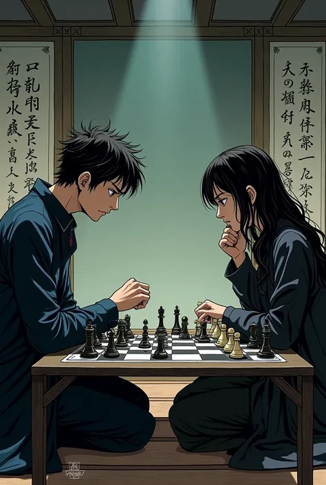 Create a manga page in which two characters meet in a game of chess