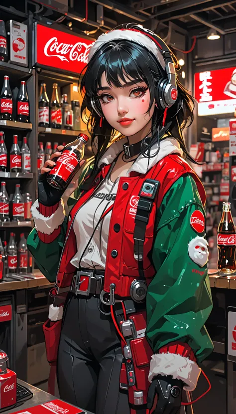 from the front、 super zoom up on her face 、sketch、KAWABI SAI、 girl、 headphones、 cyberpunk、 Santa cosplay 、 Christmas、Holding a Coca-Cola bottle