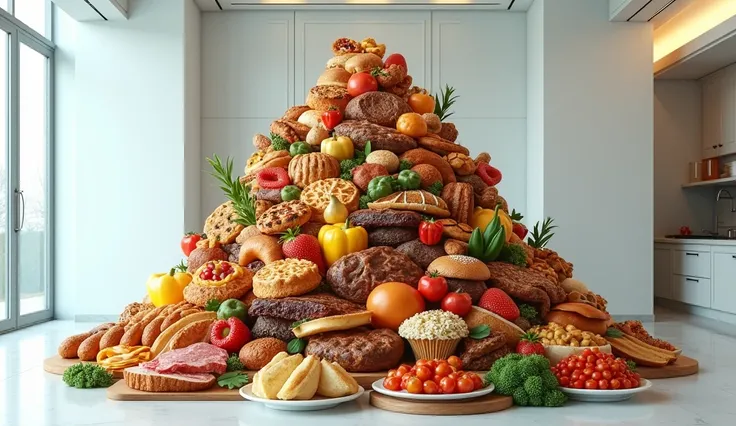 mountain of food in a very clean room , hyper realistic , UHD.