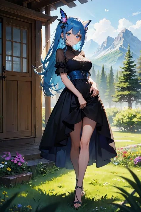 Very pretty long haired woman in a field of grass and flowers, with a cabin and a mountain in the distance, trees on the right side of the image, one very large beautiful and colourful tree in the background, Masterpiece, High Resolution, blue hair, blue e...