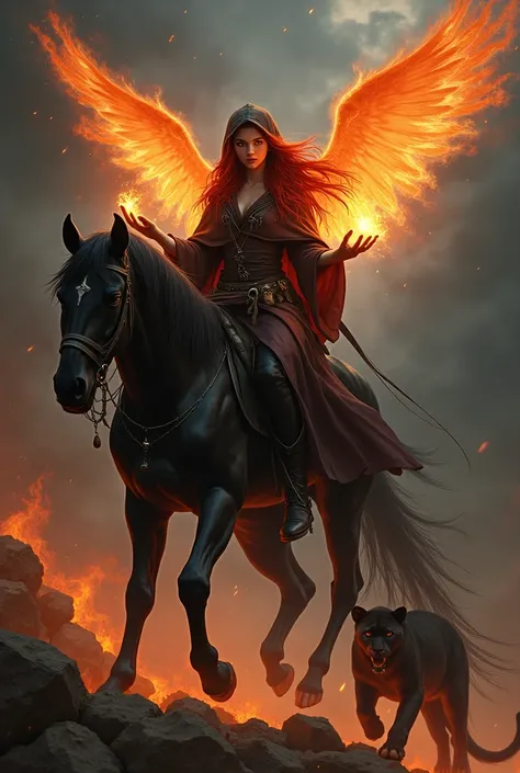 Red-haired witch,  long hair, brown eyes,hooded,fire in the hands.Above a black Pegasus, a panther next door and a phoenix behind in flames.