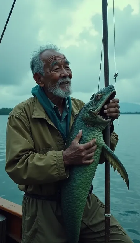 Cinematic Portrait, an old local fisherman with an Indonesian Batak face Successfully Catches a Strange Mermaid Monster with a Spooky and Disgusting Alien Face, view on the boat, a disgusting scary mermaid monster caught by an angler,