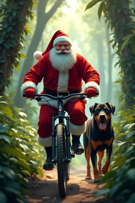 Image of a man riding a mountain bike dressed as Santa Claus in the enclosed jungle accompanied by his Rottweiler dog 