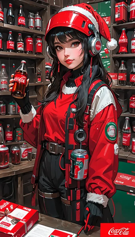 Face Super Zoom In 、sketch、KAWABI SAI、 girl、 headphones、 cyberpunk、 helmet 、 Santa cosplay 、 Christmas、Holding a Coca-Cola bottle