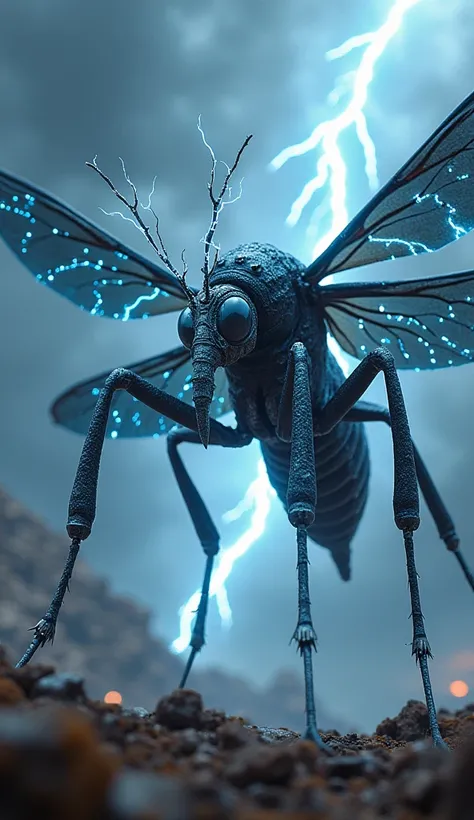 A gigantic mosquito Culicidae hybrid fused with Thor’s godly thunderous power. Its exoskeleton is a metallic black, streaked with lightning-blue veins and shimmering silver accents, evoking a storm-tossed sky. Its proboscis crackles with arcs of lightning,...