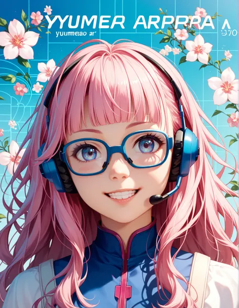  top quality , masterpiece,  extremely detailed,   detailed background,  One girl ,  young girl,  Pink Hair、 long hair、blunt bangs、( pop art )、(((XBOX HEADSET)))、light blue frame glasses、smile、Show your teeth、 cyberpunk、 ANIME STYLE、(((Yumekawa color)))、 p...