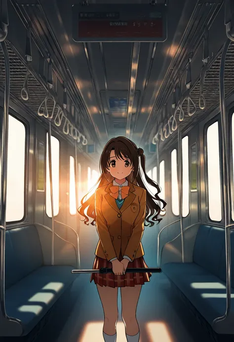 1girl, shimamura_uzuki, school uniform, tarin, train_interior, holding hand_grip, standing, cinematic lighting, bokeh, masterpiece, best quality, perfect anatomy, very aesthetic, amazing quality, high resolution, ultra-detailed, absurdres, newest, depth of...