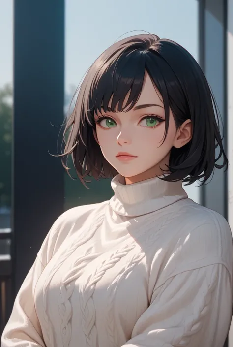 anime guy, ,  dark hair ,  medium length hair,  green eyes, white sweater, photo in dark tones , avatar format for telegram 