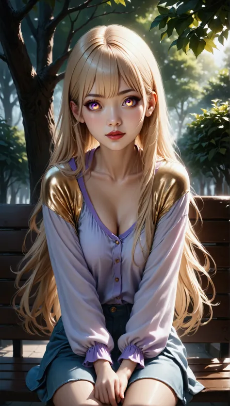 (masterpiece, aesthetic, detailed eyes, realistic), 1girl, mahiru shiina, angel next door spoils me rotten, Long smooth straight golden hair, purple to golden gradient eyes, sitting on the bench in casual clothes, super detail, best quality, 8k