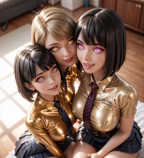 4 girls, In extremely tight shiny golden latex polo shirt , bob cut,  black hair , Lens reflection,  reflecting light ,  high resolution ,  masterpiece,  are in the apartment and sitting at the TV, startled, glowing eyes, smile, saliva, salivafluss, saliva...