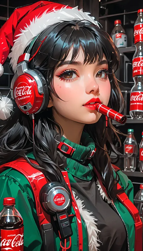 super zoom up on her face 、Close-up、sketch、KAWABI SAI、 girl、 headphones、 cyberpunk、 helmet 、 Santa cosplay 、 Christmas、Holding a Coca-Cola bottle
