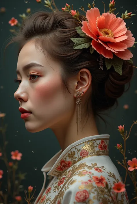 Very realistic and detailed full body portrait image, beautiful, brown video updo hair, painted a last beautiful  flower, with rain garden flower  background, style, hd, masterpiece, best quality, very detailed, very realistic.. Both were looking at the au...