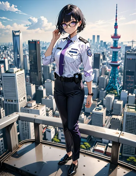 masterpiece, best quality, medium breasts, solo, (jet black hair, short hair, bob hair, purple eyes, bangs), (full body), city backdrop, tokyo city backdrop, solo, solo focus, standing, japanese police uniform, glasses, (white shirt), (black pants, tie), m...