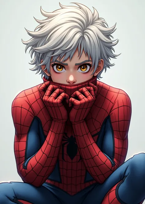 A 17-year-old boy with white hair ,  textured, disheveled hair style, il porte le costume de spiderman le masque relever 