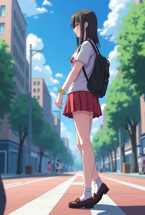 (( top quality )), ((masterpiece)), (  Details), At the Crossroads、 female high school student comparing leg length with passers-by. The height of Puella Magi is 180 cm 、Female high school students leg length is 110 cm . 　 cute　 Beautiful Legs 　Fleshy and ...