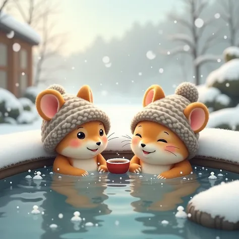 Photorealistic, a cutie lovely mouse & a lovely 秋田狗, soaking in a outdoor natural onsen 源泉掛流式天然溫泉 , in Hokkaido, snowy winter, they both are wearing 韓式汗蒸幕羊角頭巾 and also drinking sake while enjoying onsen, in traditional Japanese style.