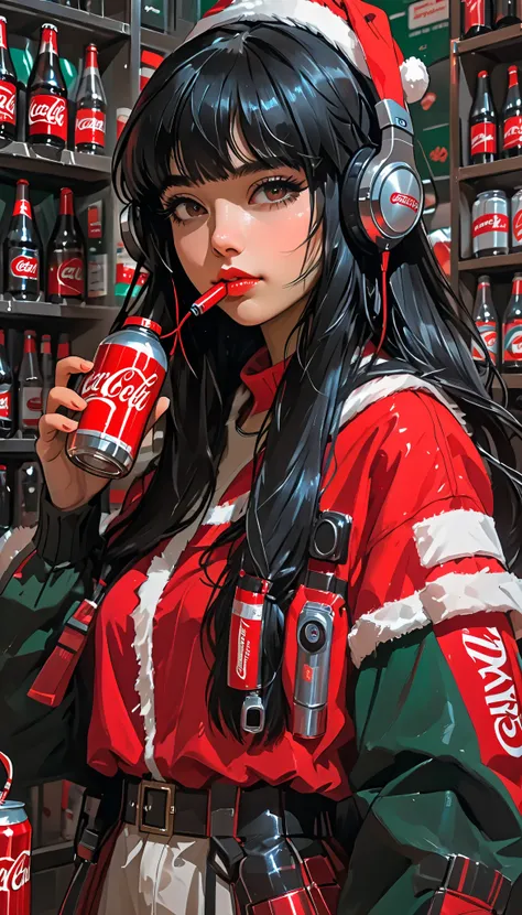 super zoom up on her face 、Close-up、sketch、KAWABI SAI、 girl、 black hair、 straight long hair、bangs、 headphones、 cyberpunk、 helmet 、 Santa cosplay 、 Christmas、Holding a Coca-Cola bottle
