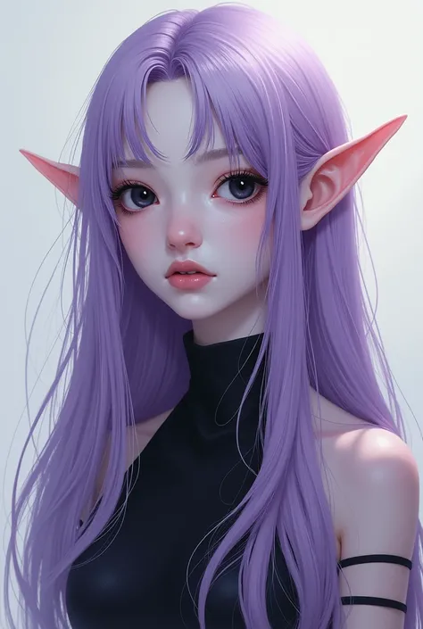 Black-eyed Woman , pale skin,  Long Lilac Hair , with pale skin,  and Elf Ears in 2D (anime)