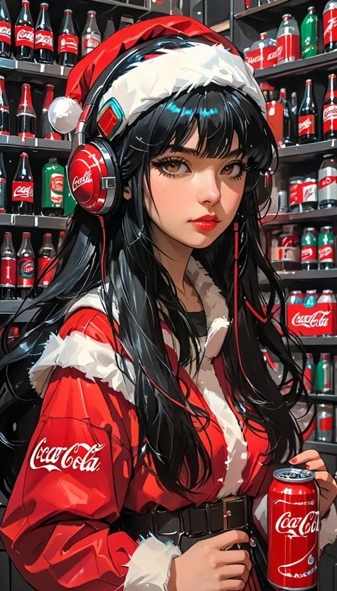 super zoom up on her face 、Close-up、sketch、KAWABI SAI、 girl、 black hair、 straight long hair、bangs、 headphones、 cyberpunk、 helmet 、 Santa cosplay 、 Christmas、Holding a Coca-Cola bottle