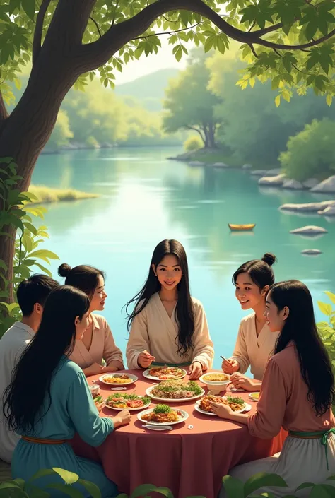 Thai younger people are sitting around and eating. In the middle of the young people, a long haired woman is sitting. There is a lake and a tree next to it.