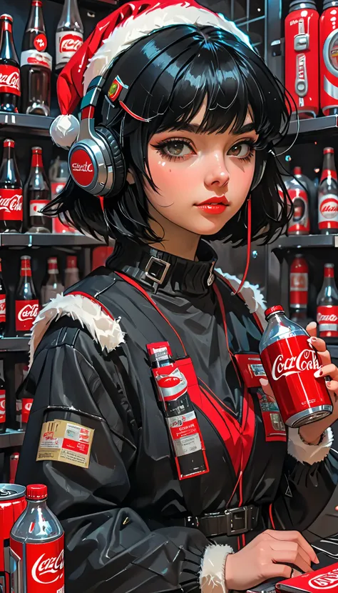 super zoom up on her face 、Close-up、sketch、KAWABI SAI、 girl、 black hair、 straight short hair 、bangs、 headphones、 cyberpunk、 helmet 、 Santa cosplay 、 Christmas、Holding a Coca-Cola bottle