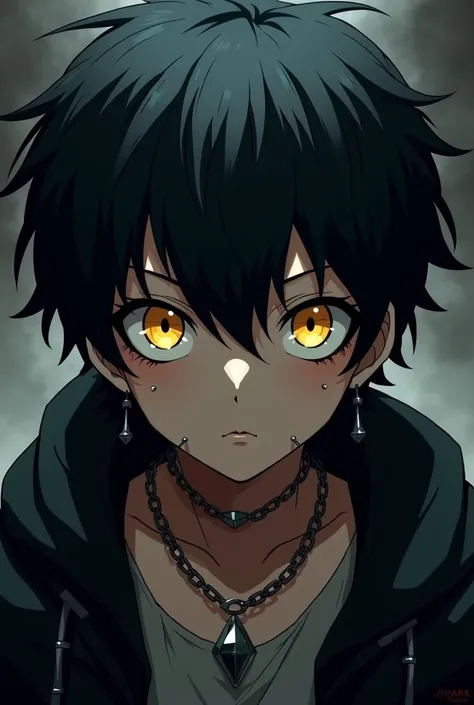  An anime boy with black short hair, yellow eyes and piercings 