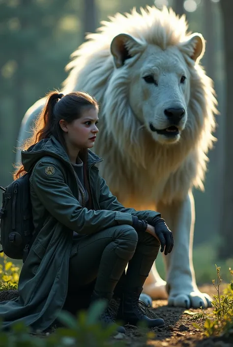 Dark forest, 3d high illustration, masterpiece, highest quality, lens flare, ultra-detailed, hyperrealistic, A woman dressed as a hero with jacket and cargo pants, sat next to a fierce white lion robot, uhd, 1080P, sharp, dinamik, focus