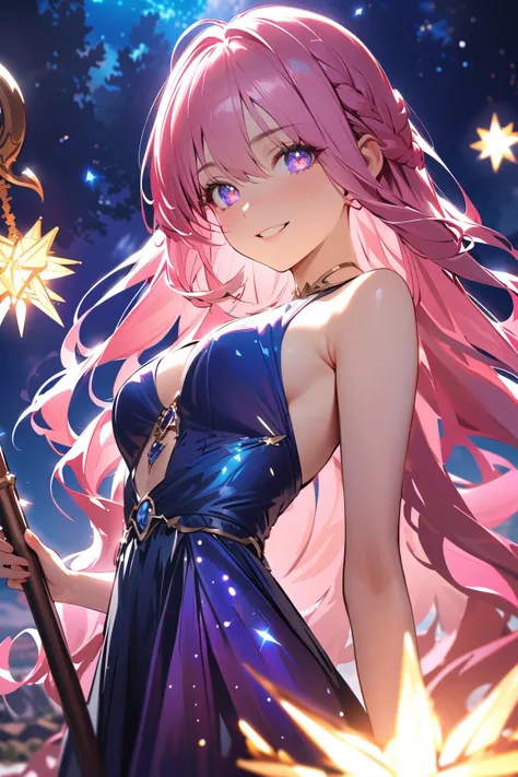 1 girl, (cute face), young adult, long braided hair, (mysterious smile), medium breasts, slender, (wearing a flowing mage gown:1.2), ethereal fabric that shimmers, (holding a staff with a glowing crystal), 
BREAK 
starlit sky, cosmic energy swirling around...