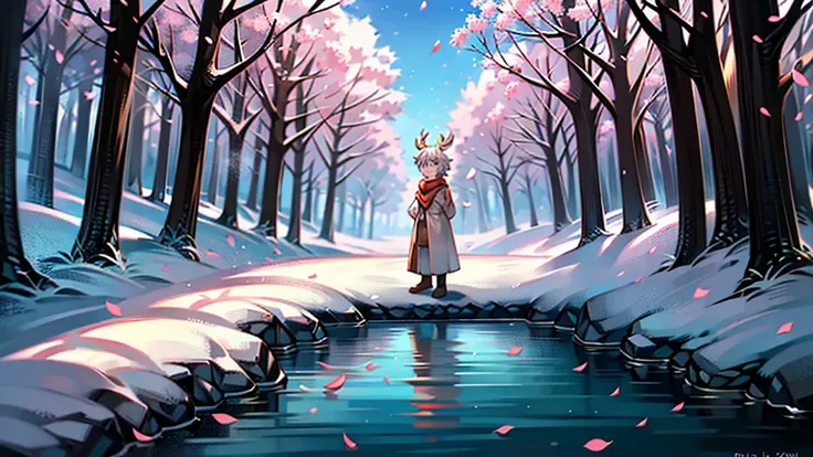  wears a white robe 、White-haired white deer with antlers  ，  wolf with dark hair and orange shirt，In the snow， falling petals，Peach Blossom Tree，Shota，Cute boy，Two people，Gorgeous background，gentle，Wear a scarf，Wear a sweater，In the woods，Standing under t...