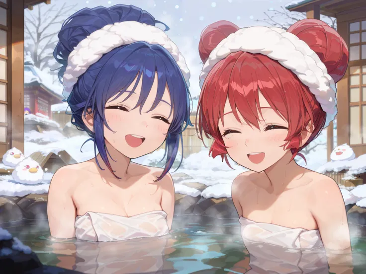 masterpiece,  Best Quality ,  extremely detailed, 两个女孩在hot spring里，The background is a snowball , 由Shitao绘制的Anime Girl, PIXIV TRENDS , Arts and Crafts,  trending on cgstation , two beautiful anime girls, hot spring, Snow Scene,  anime lolita style splash a...