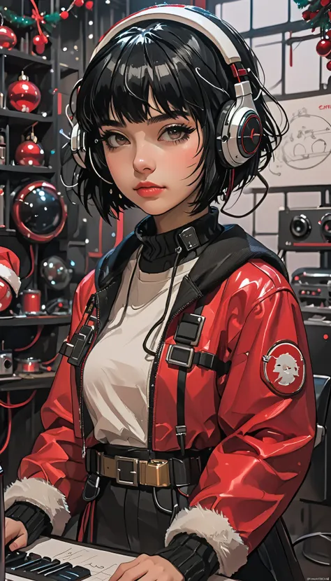 super zoom up on her face 、Close-up、sketch、KAWABI SAI、 girl、 black hair、 straight short hair 、bangs、 headphones、 cyberpunk、 helmet 、 Santa cosplay 、 Christmas、