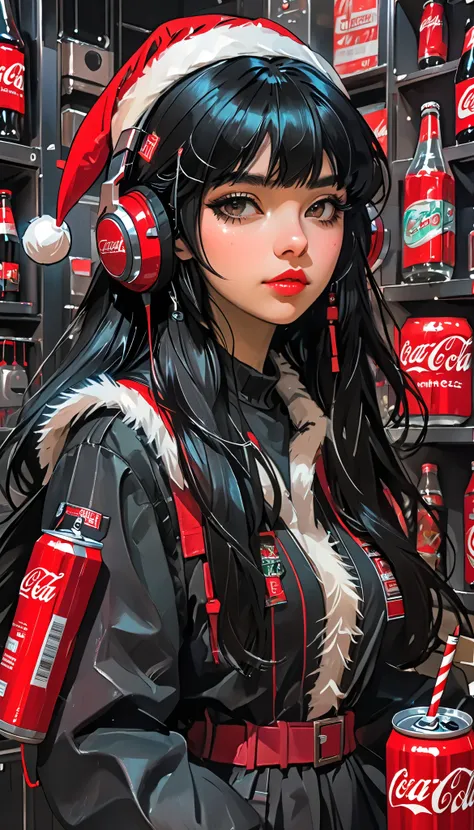 super zoom up on her face 、Close-up、sketch、KAWABI SAI、 girl、 black hair、 straight long hair、bangs、 princess cut、 headphones、 cyberpunk、 helmet 、 Santa cosplay 、 Christmas、Holding a Coca-Cola bottle