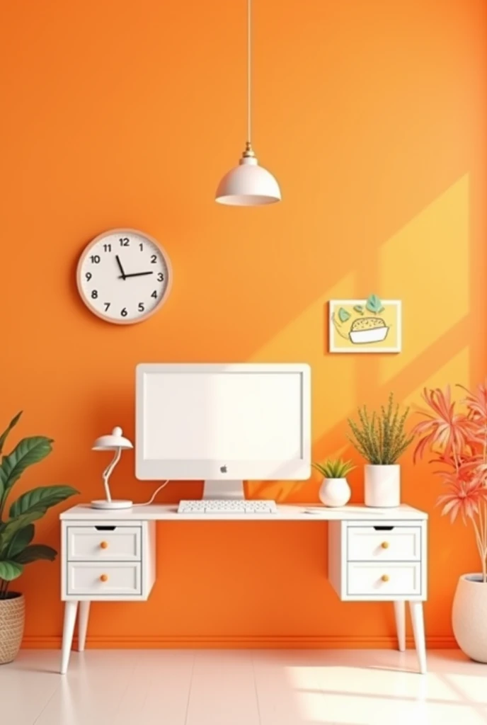 Cartoon graphics orange and white themed empty desk area 