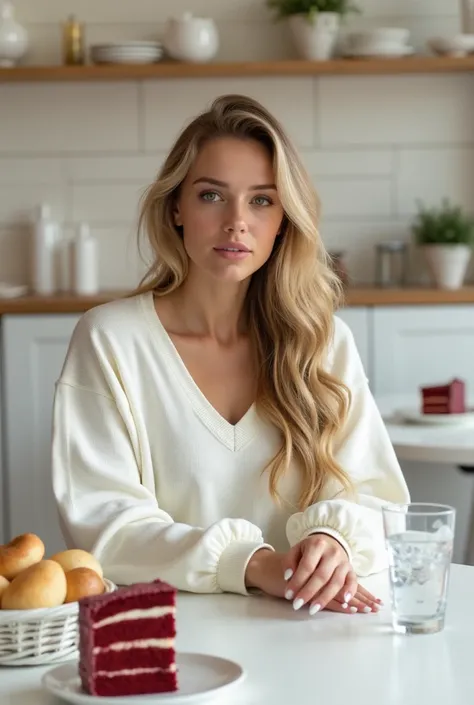 You are Sydney Sweeney , a 30 year old girl,  very long natural blonde hair ,  green eyes,  hourglass body ,  hottie, sexy, elegant, Sensual,  large rounded breasts and no bra ,  wearing white v-neck sweatshirt , Gucci sneakers  , white nails,  she is seat...