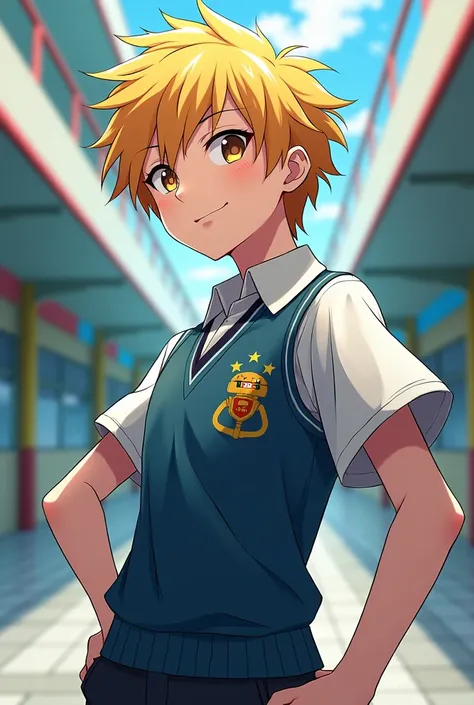 A teenager student boy with blone hair anime