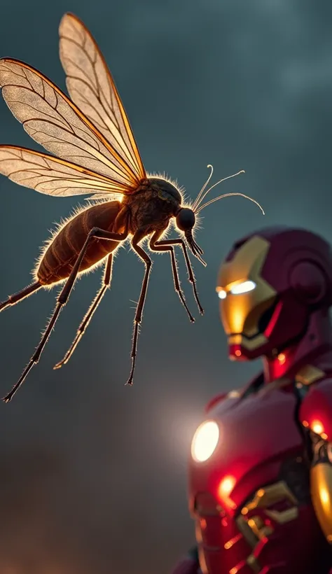 A mosquito Culicidae with its translucent, veined wings hovers ominously in mid-air, its segmented body gleaming under the glow of an arc-lit battlefield. Five feet away stands Iron Man, his gleaming red and gold suit illuminated by the bright arc reactor ...