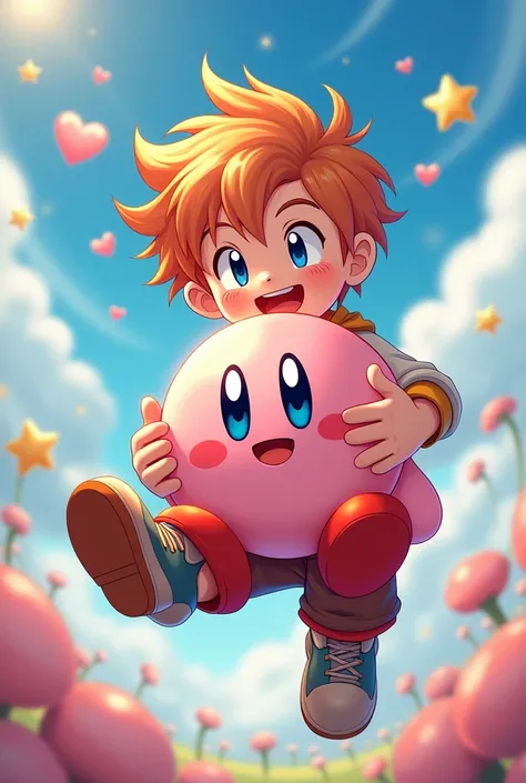 Chico anime cargando a Kirby 