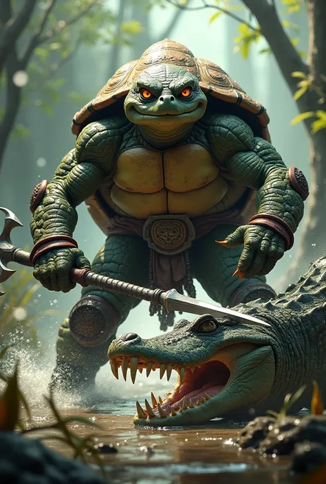 Humanoid warrior turtle hold trishule fight crocodile